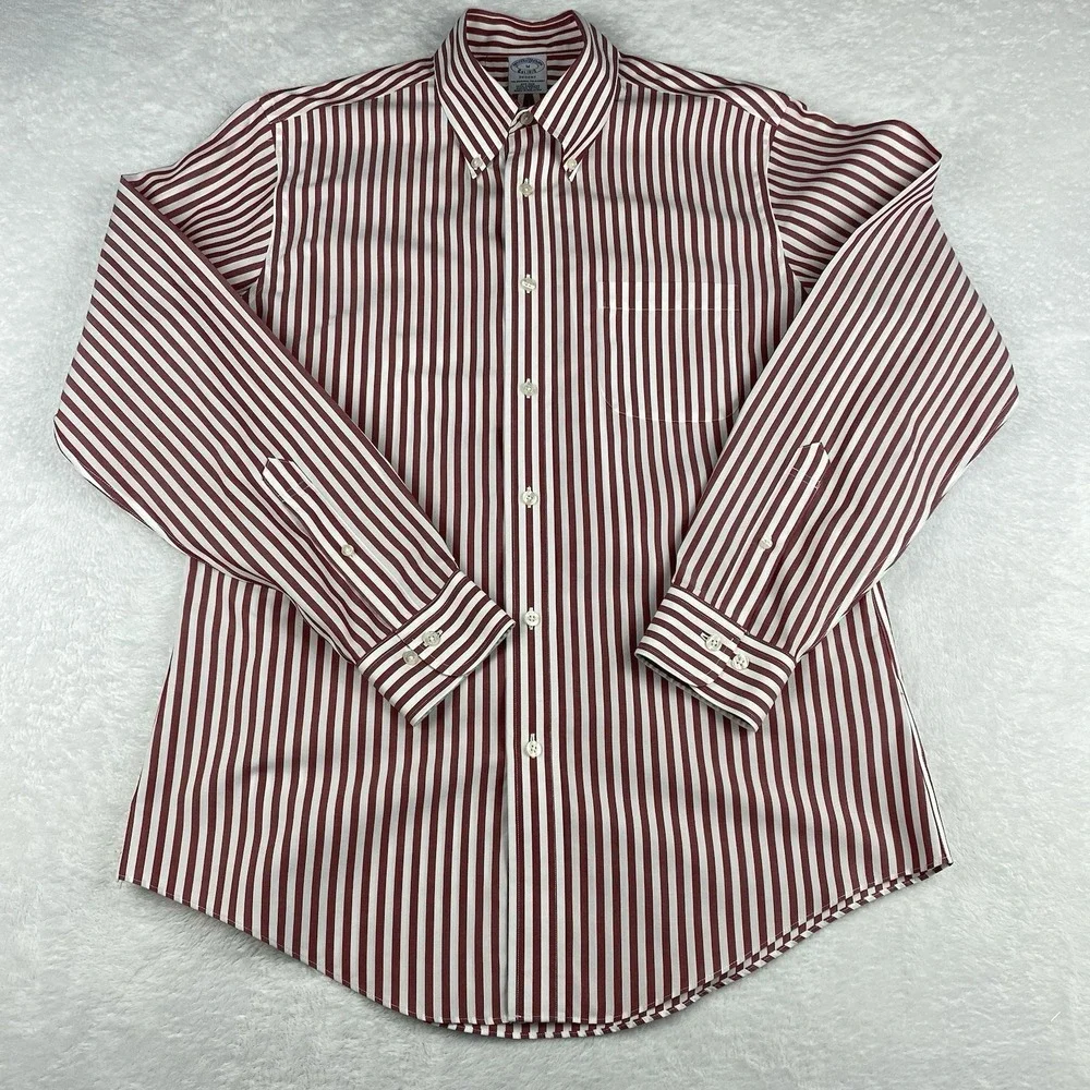 Brooks Brothers Shirt Mens Medium Crimson/White Stripes Regent Non Iron